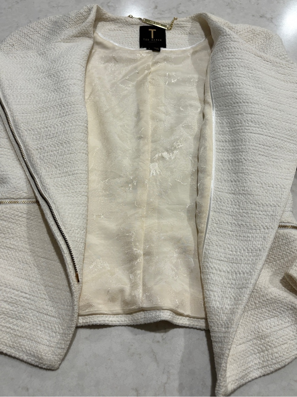 Ted Baker Cream Textured Zip Jacket with Gold Hardware